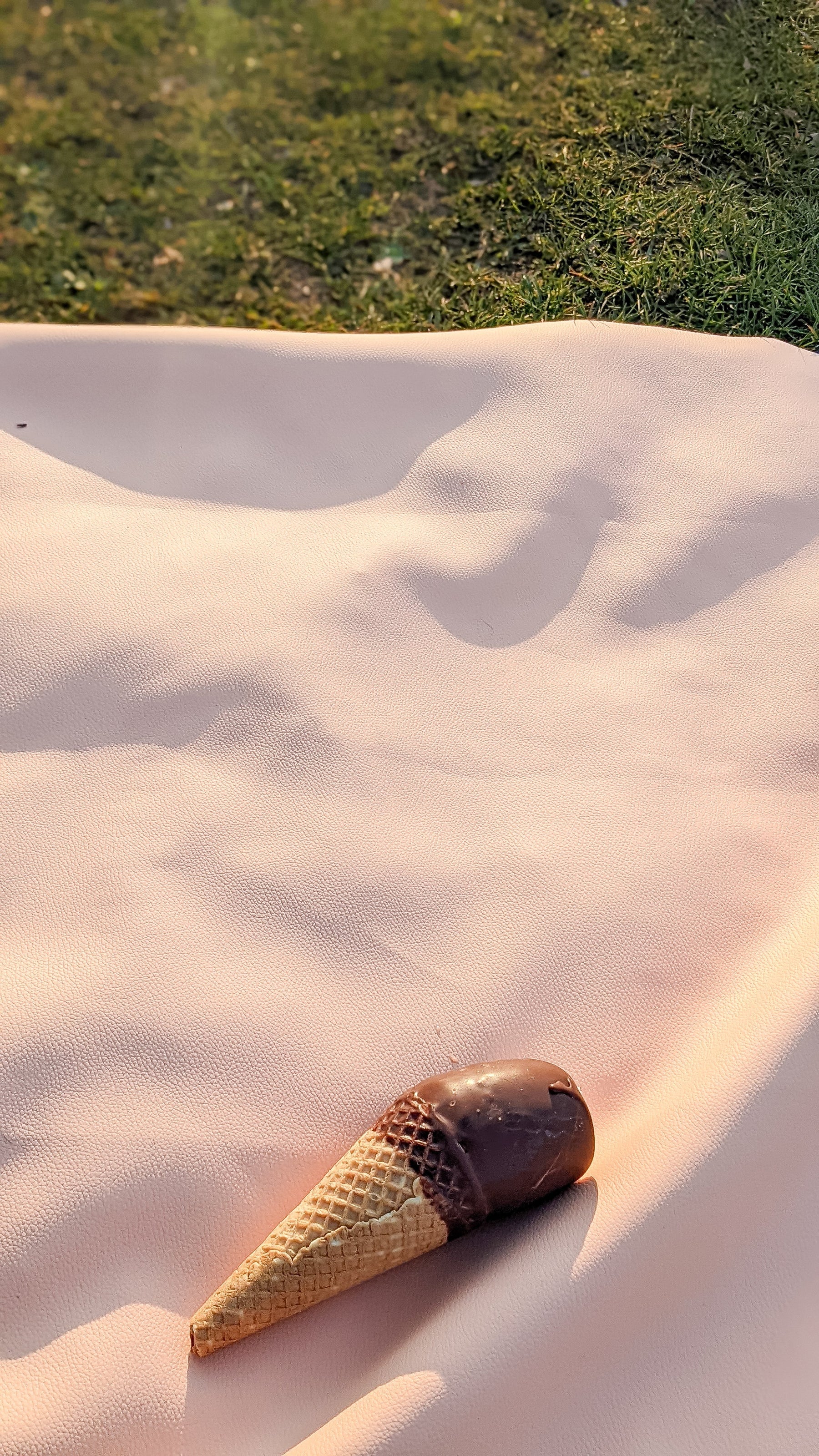 Boule de glace au chocolat tombée sur un tapis en silicone Huske rose poudré, dans l'herbe