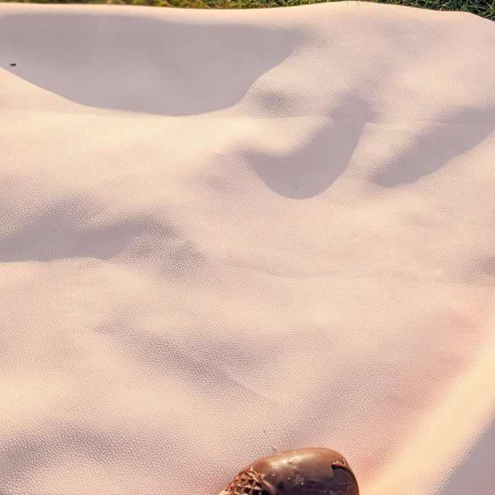 Dropped chocolate ice cream on a blush pink Huske silicone mat on grass