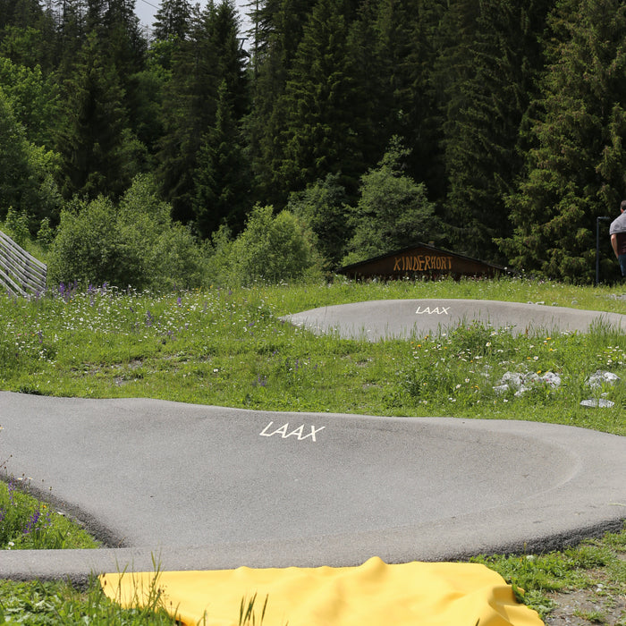 Yellow Huske mat on grass path in Laax, Swiss Alps landscape