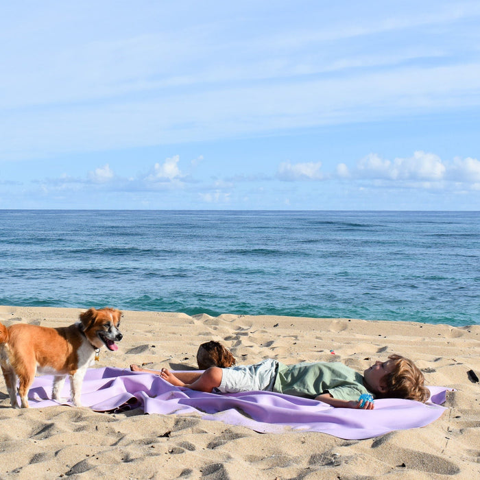 Two children lying flat on a lavender Studio Huske silicone leather mat on the sand with a dog beside them
