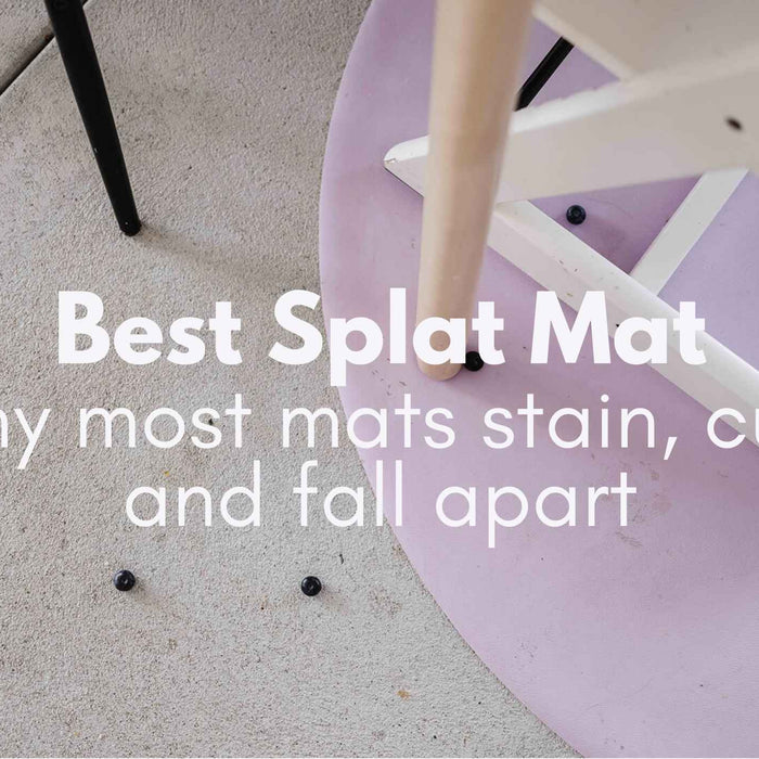 Studio Huske silicone leather splat mat showing non-porous wipe clean surface in use as a high chair splat mat