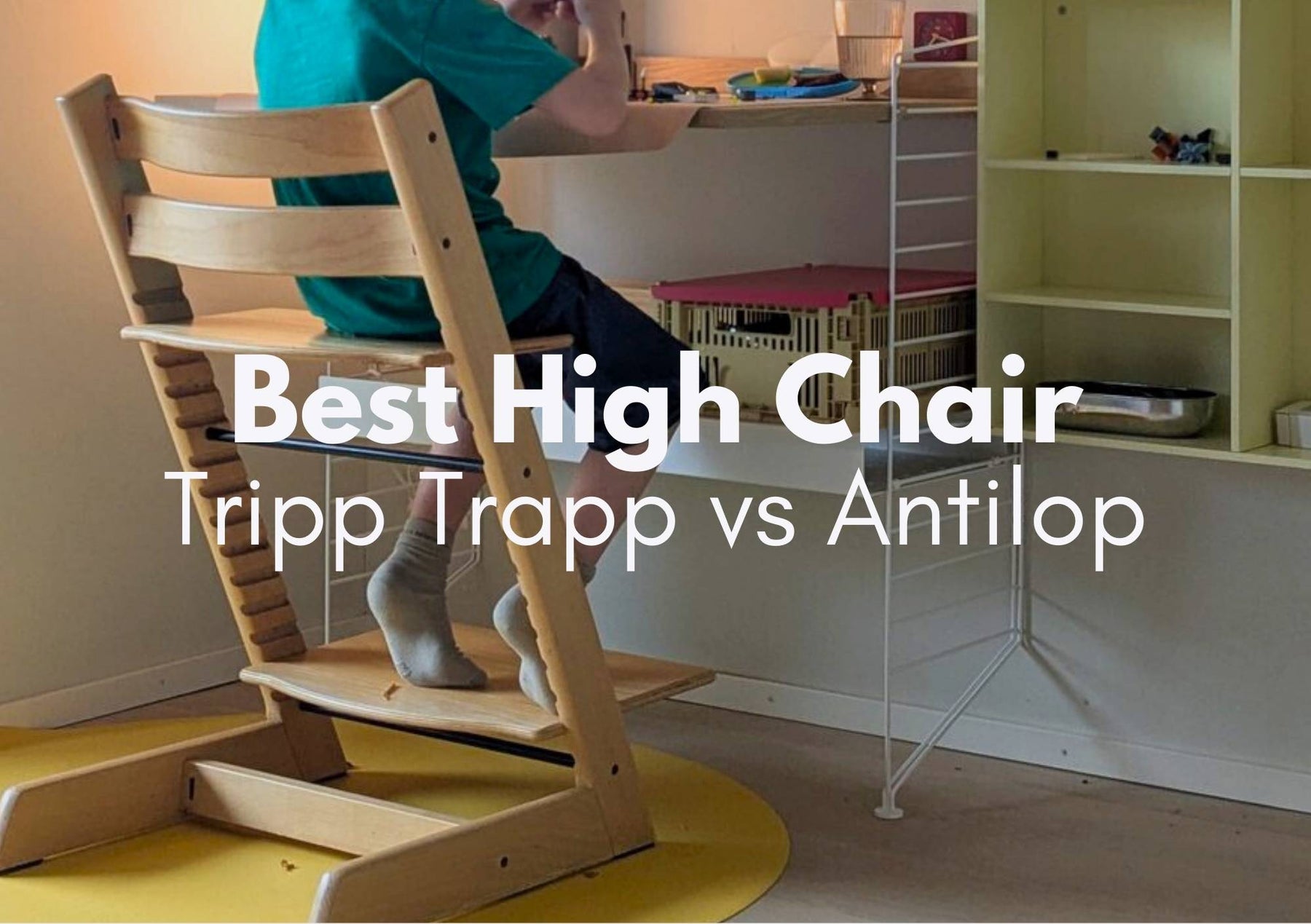 Stokke Tripp Trapp used as a desk chair in a child's bedroom with a yellow Studio Huske roam mat