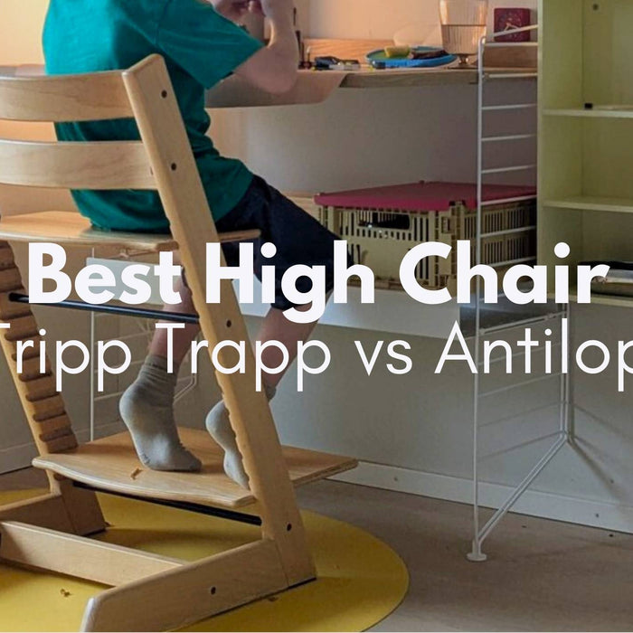 Stokke Tripp Trapp used as a desk chair in a child's bedroom with a yellow Studio Huske roam mat