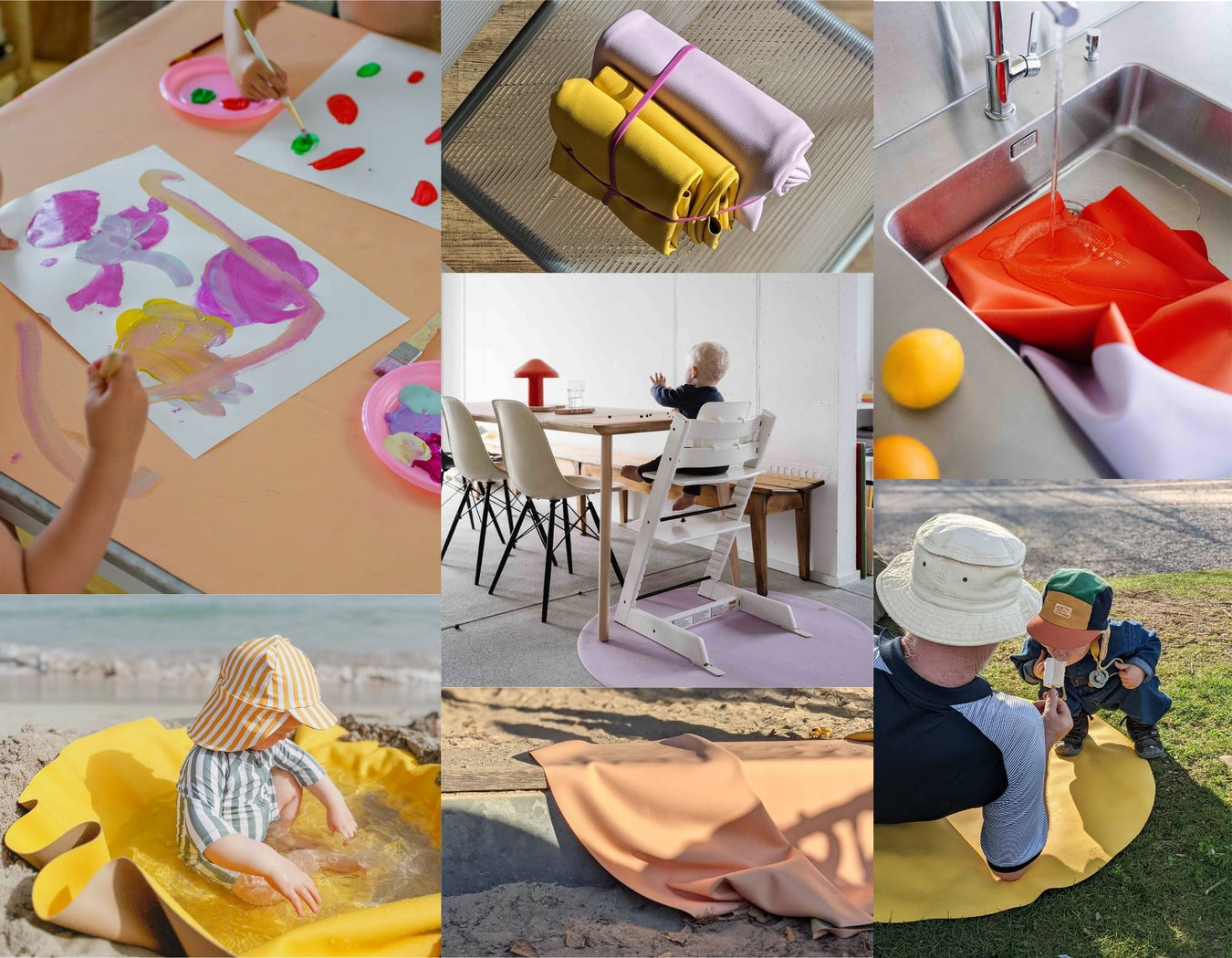 Child using children's activity mats for messy and sensory play while painting with vibrant colors.