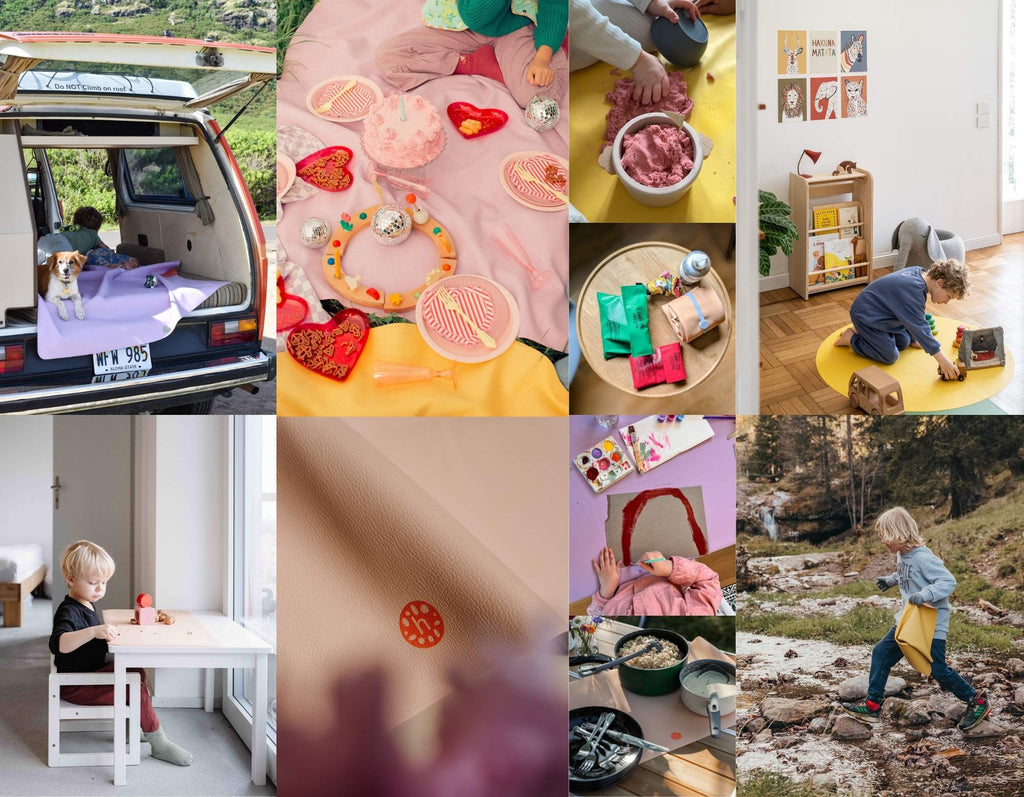 Silicone leather play mats displayed in front of a vintage camper van in an outdoor setting.