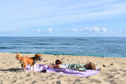 The Lilac Pair: two boys and a dog lying on the lilac Explore play mat at the beach