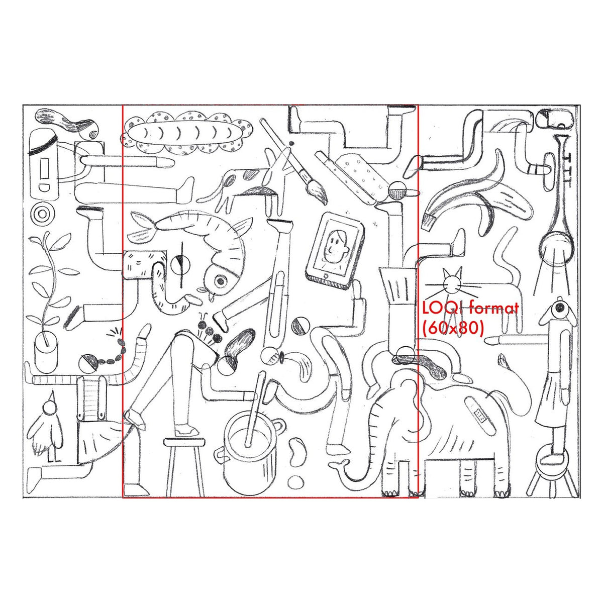 Dessin Ta-chán! repris et affiné par Clara San Millán, le format LOQI marqué en rouge
