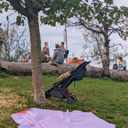Gallivant XL Lilac/Red silicone family picnic mat, autumn picnic by the lake under a tree