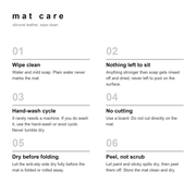 Studio Huske silicone mat care guide, wipe clean with water and mild soap, hand-wash cycle if machine washed