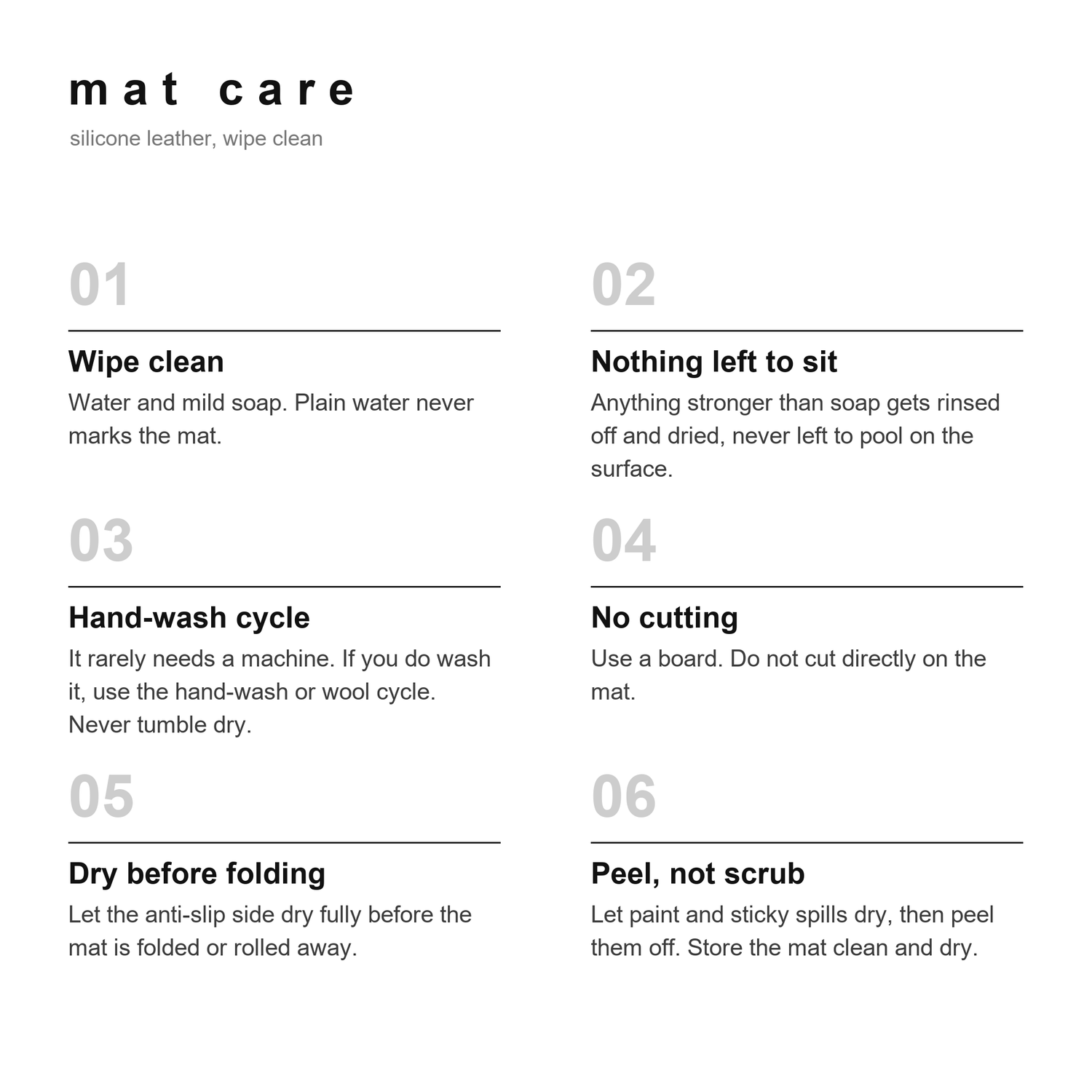 Studio Huske silicone mat care guide, wipe clean with water and mild soap, hand-wash cycle if machine washed