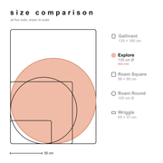 Size comparison of all Studio Huske silicone play mats drawn to scale, with the Explore highlighted