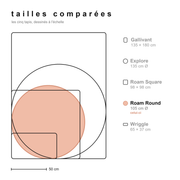 Comparatif des tailles de tous les tapis en silicone Studio Huske, à l'échelle, avec le Roam Round en évidence