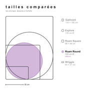 Comparatif des tailles de tous les tapis en silicone Studio Huske, à l'échelle, avec le Roam Round en évidence