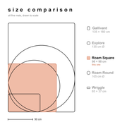 Size comparison of all Studio Huske silicone play mats drawn to scale, with the Roam Square highlighted