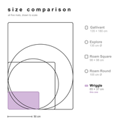 Size comparison of all Studio Huske silicone play mats drawn to scale, with the Wriggle highlighted
