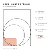 Size comparison of all Studio Huske silicone play mats drawn to scale, with the Wriggle highlighted
