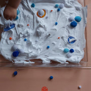 Roam Square Peach/Green silicone craft mat, space themed foam sensory play overhead