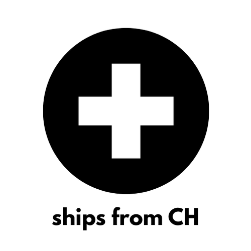 Studio huske  logo with a white cross in a black circle and text 'ships from CH' on a white background