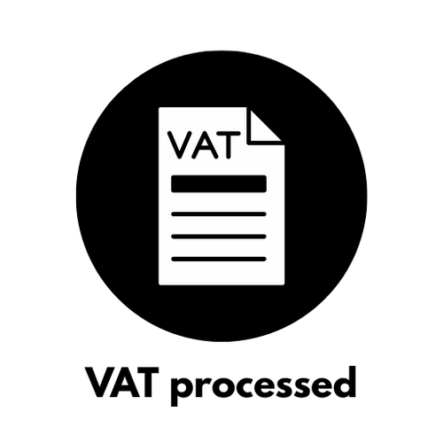 Studio huske icon of a VAT document with 'VAT processed' text on a white background