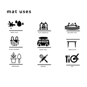 Graphic showing various uses of an extra large waterproof silicone mat, including messy play, picnic blanket, and travel mat.