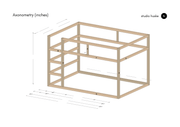 Ikea Kura bed hack DIY plans axonometric drawing with measurements in inches for easy assembly.