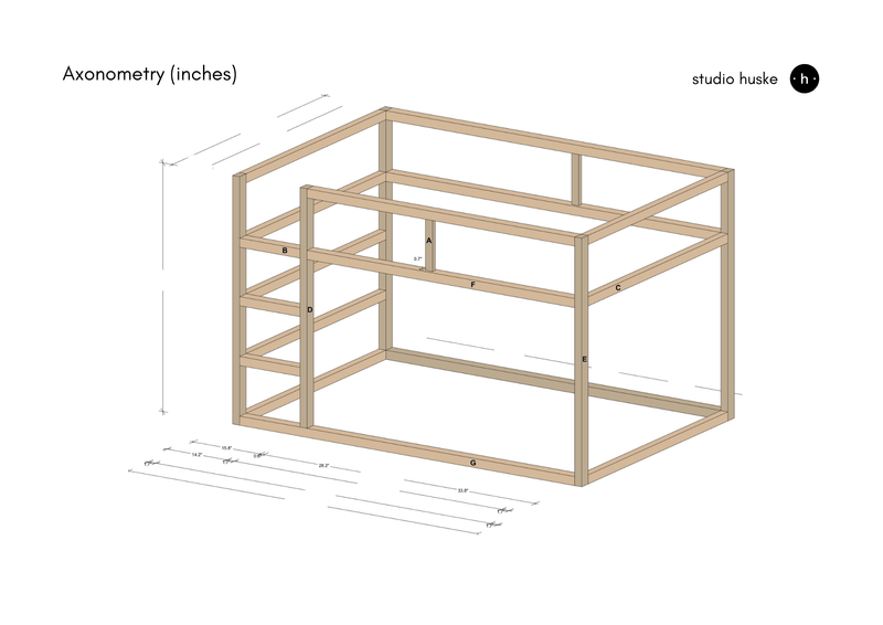 Ikea Kura bed hack DIY plans axonometric drawing with measurements in inches for easy assembly.