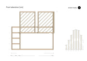 Front elevation illustration of Ikea Kura bed hack DIY plans with dimensions in cm.