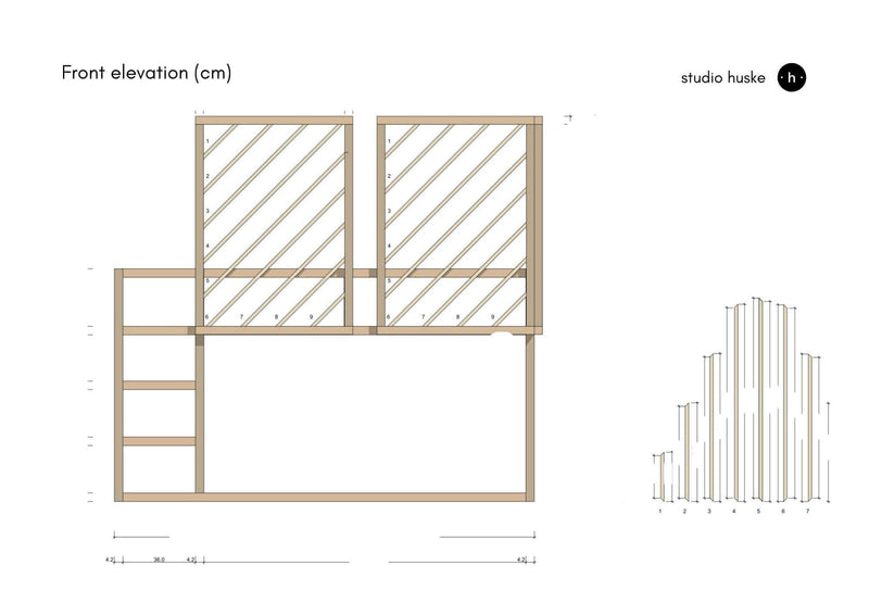 Front elevation illustration of Ikea Kura bed hack DIY plans with dimensions in cm.
