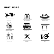 Various uses of large round waterproof play mat including messy play, travel mat, gardening, and more.