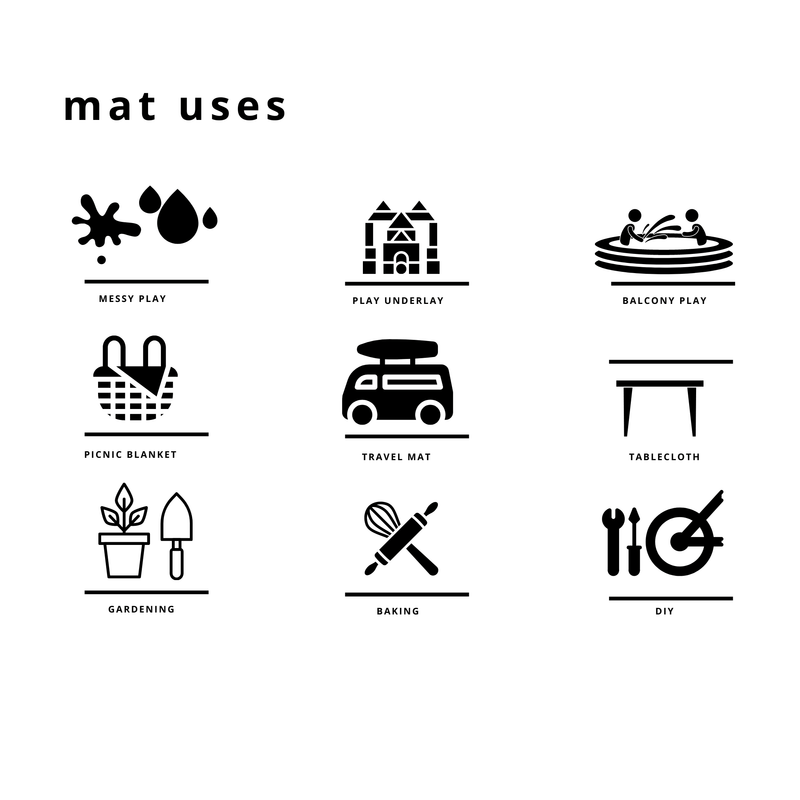Various uses of large round waterproof play mat including messy play, travel mat, gardening, and more.