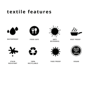 Textile features icons: waterproof, food safe, antimicrobial, heat proof, stain resistant, recyclable, fade proof, vegan.
